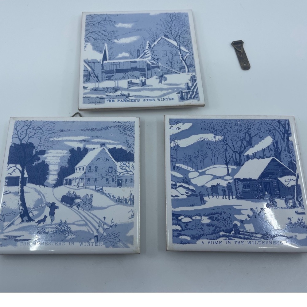 Vtg 4x4 Reber Country‎ Ceramic Tiles Set of 3 Winter Scenes Home Decor